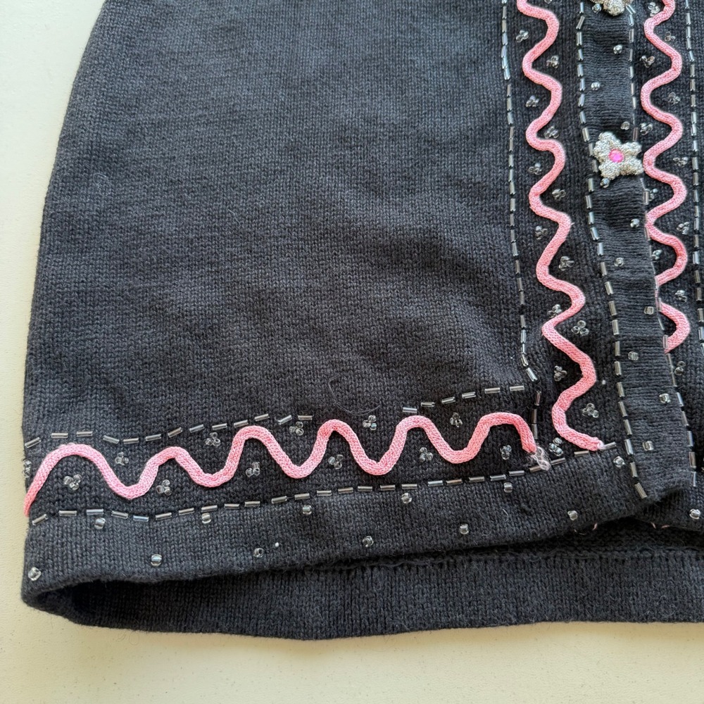 Storybook Knits Vintage M Black Floral Beads Fringe Cardigan Sweater Cottagecore - Picture 10 of 16
